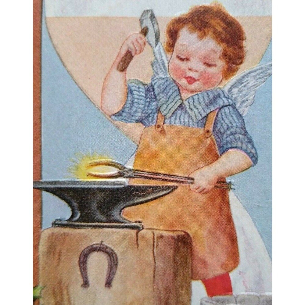 New Year Postcard Angel Child With Wings Hammer Anvil Whitney 1918 Ossining NY